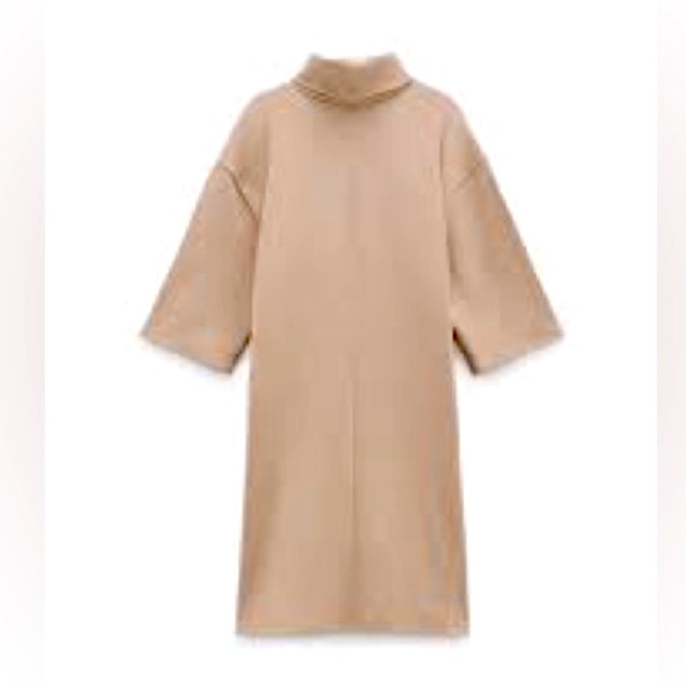 NWOT Zara Beige/ Nude Short Sleeve Turtleneck Mini Dress Size Medium - Picture 4 of 7